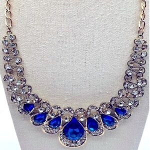 Statement Necklace With Blue & Clear Rhinestones On Gold Tone Chain.   N92